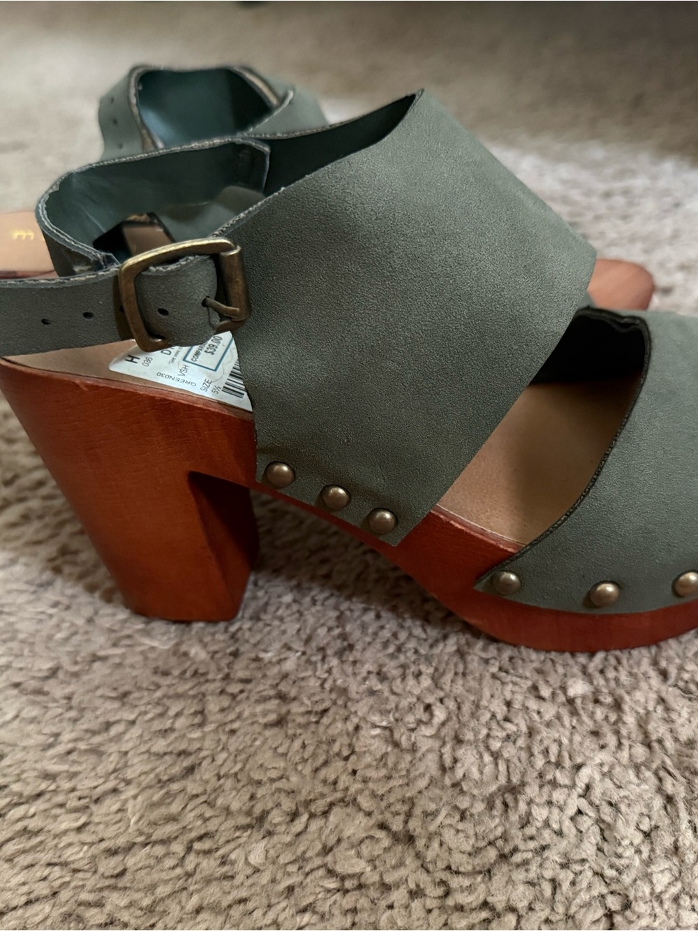 Platform Clog Sandal in Olive Green with Wood Heel